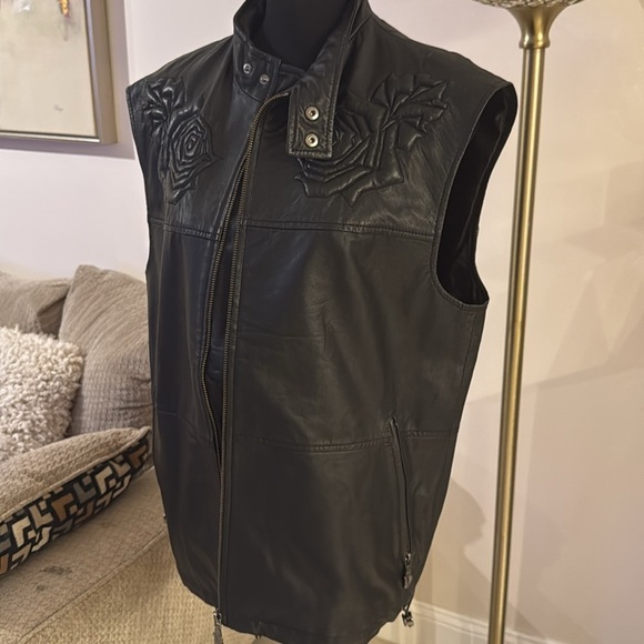 Versace jeans Black Leather Vest with Rose Embroidery size 12 - Picture 7 of 10